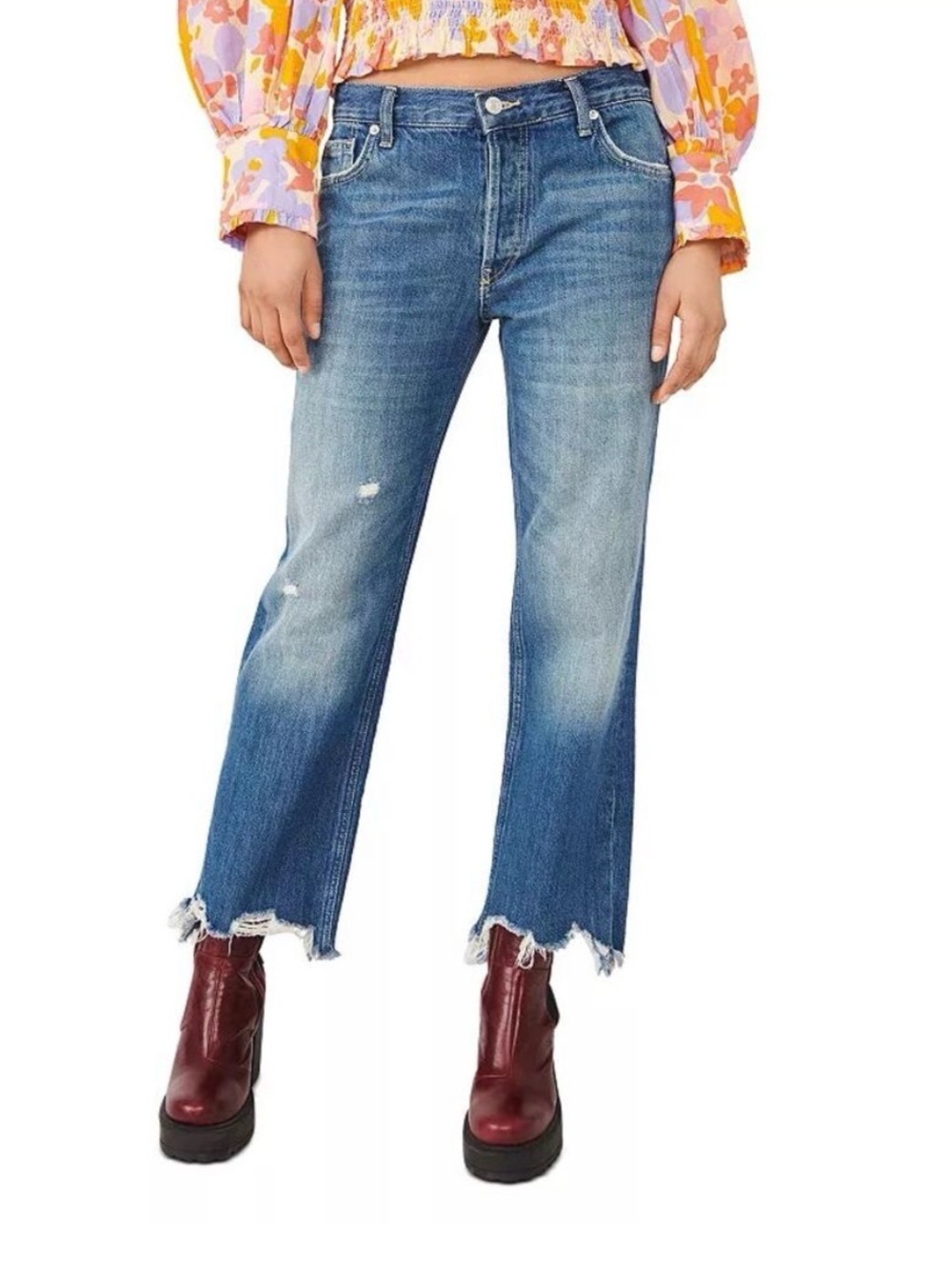 Free People- We The Free Maggie Mid Rise Straight Leg Chewed Hem Jeans Denim